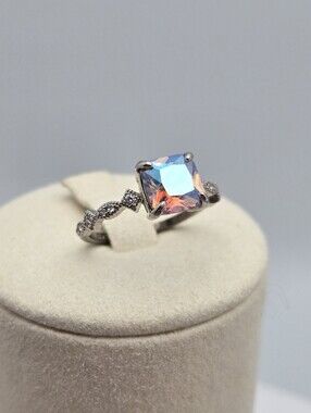 Mystic Quartz Cushion Cut Rainbow Fire Topaz Style Ring Size 5 Statement Sparkle